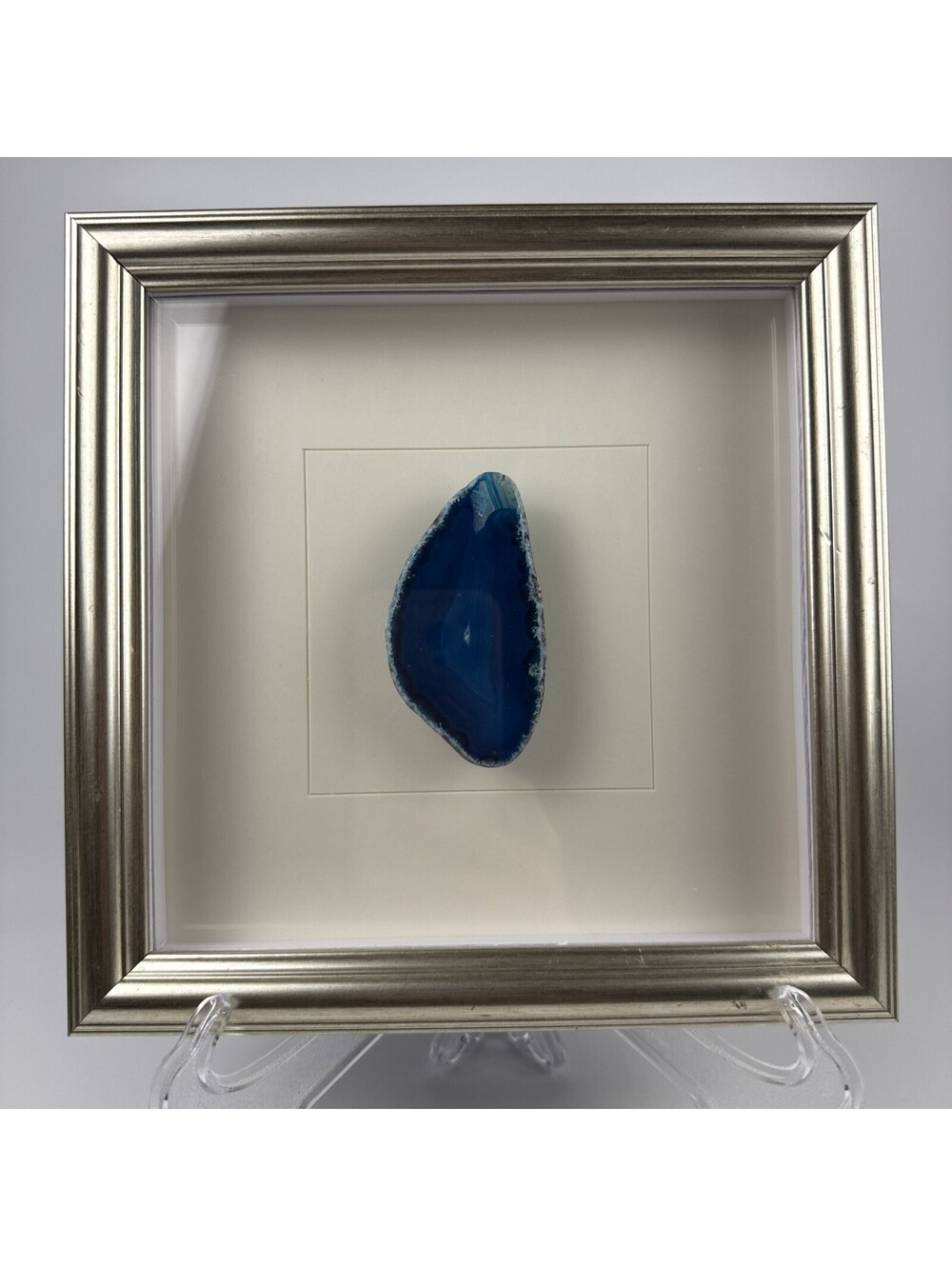 Blue Agate 3.25x2 Druzy Crystal Slice 9x9 Silver Shadow Box Wall Art